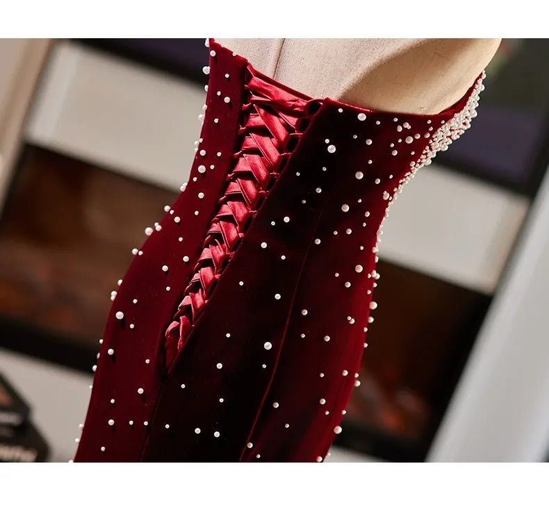 Custom made Strapless Burgundy Velvet Evening Gown Pearls Mychicdress