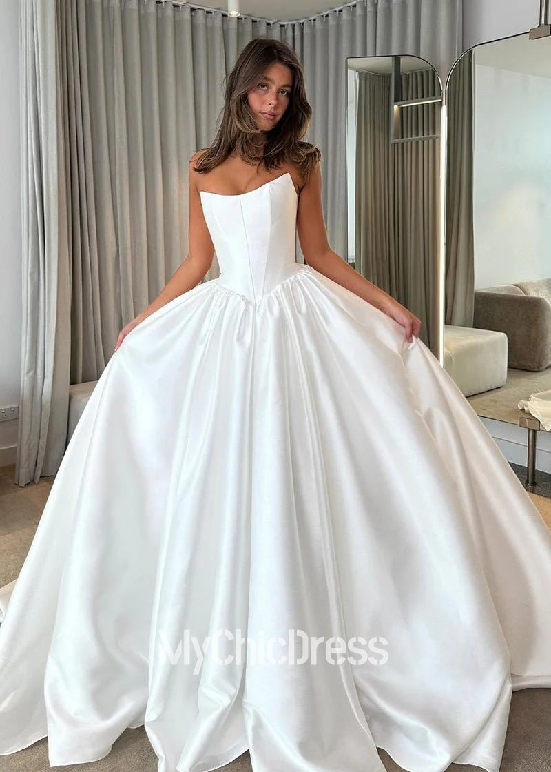 Custom Vintage Satin A Line Wedding Gown Beach Strapless Mychicdress