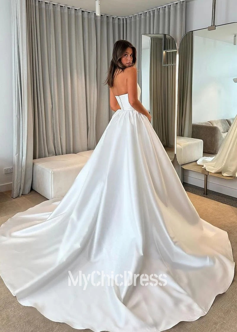Custom Vintage Satin A Line Wedding Gown Beach Strapless Mychicdress