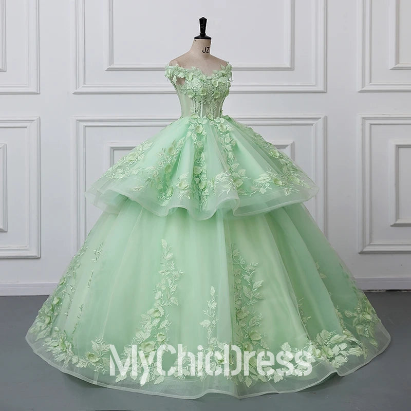 Green ball gown quince dresss with floral embroidery