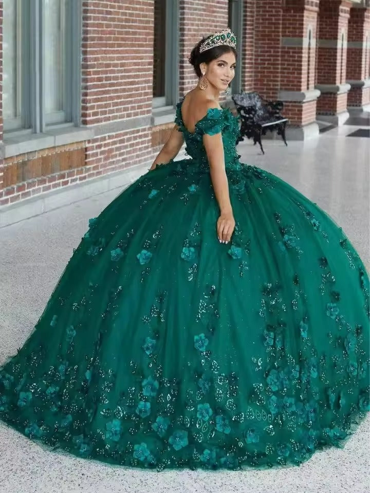 Customized Ball Gown Quinceanera Dress Emerald Green Sequined Appliques