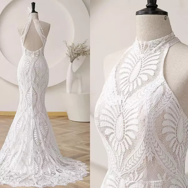 Customized Mermaid Halter Beach Wedding Dress Lace Sleeveless