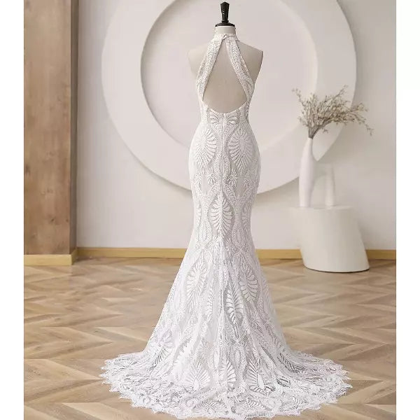 Customized Mermaid Halter Beach Wedding Dress Lace Sleeveless