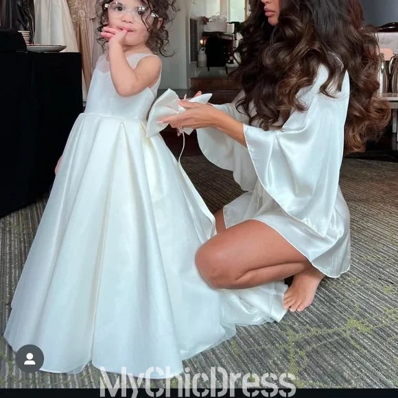 Cute A Line Satin White Flower Gril Dresses with Bowknot Mychicdress