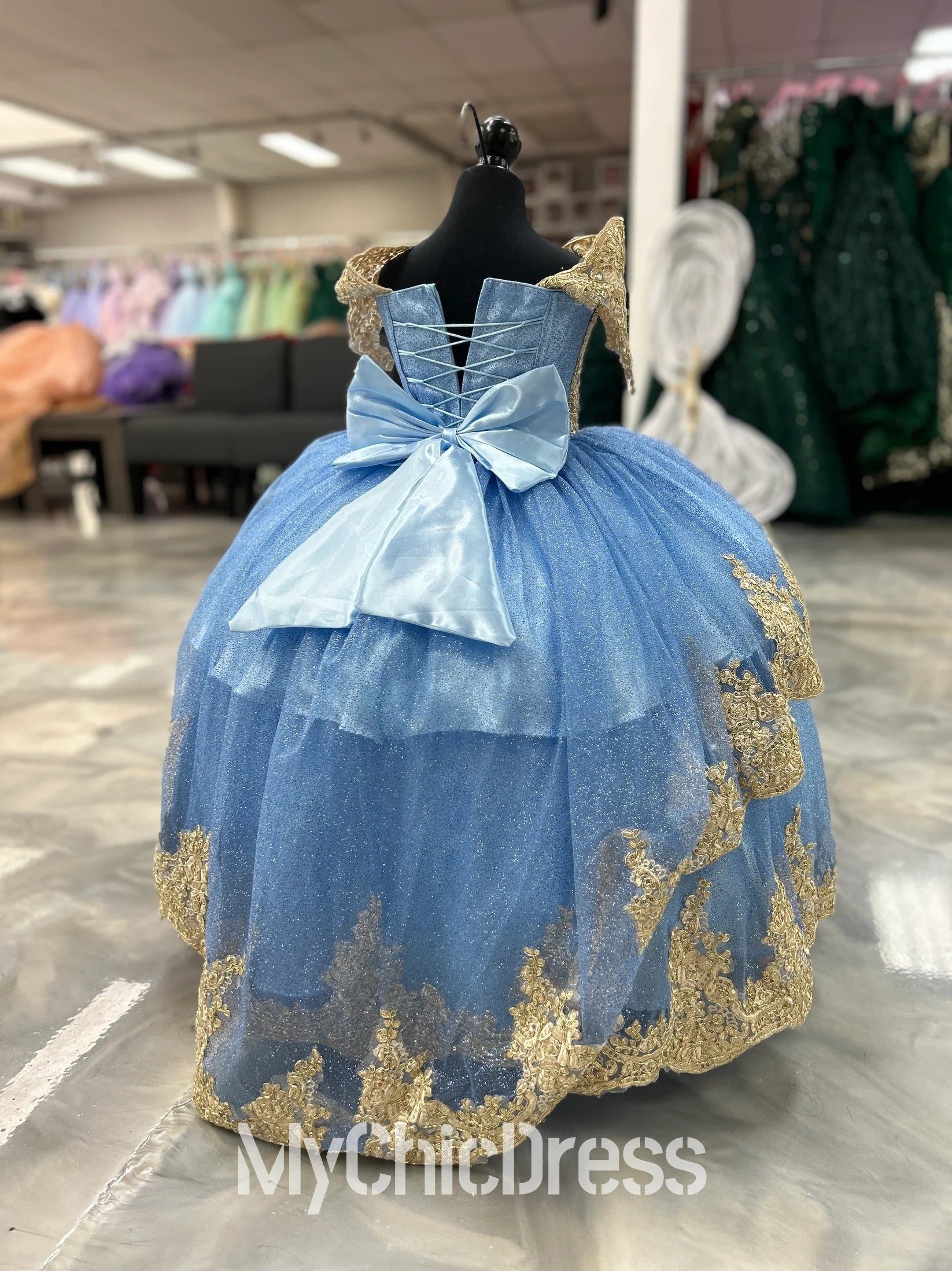 Cute Blue Gold Mini Quinceanera Dresses off the Shoulder Lace Mychicdress