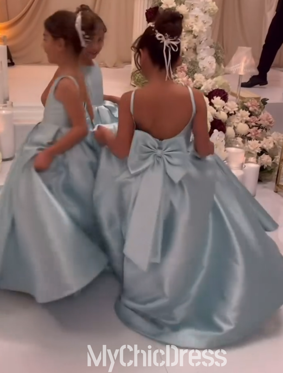 Cute Satin blue Flower Girl Dresses Straps Sleeveless with BowKnot Mychicdress
