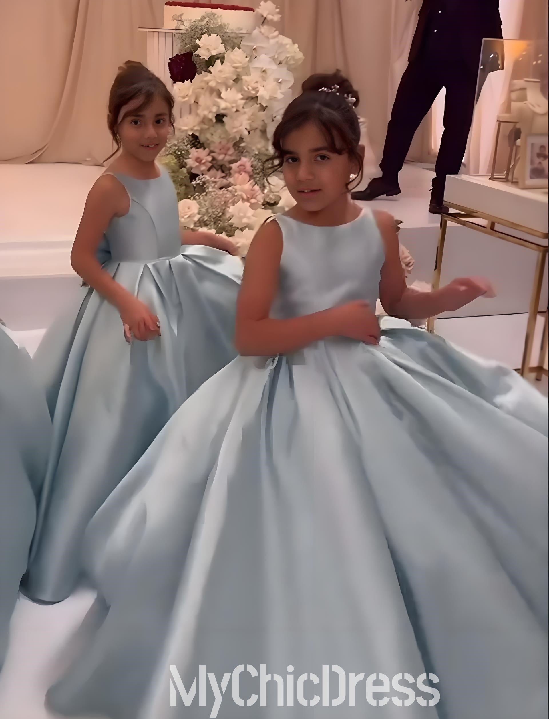 Cute Satin Blue Flower Girl Dresses Straps Sleeveless with BowKnot Mychicdress