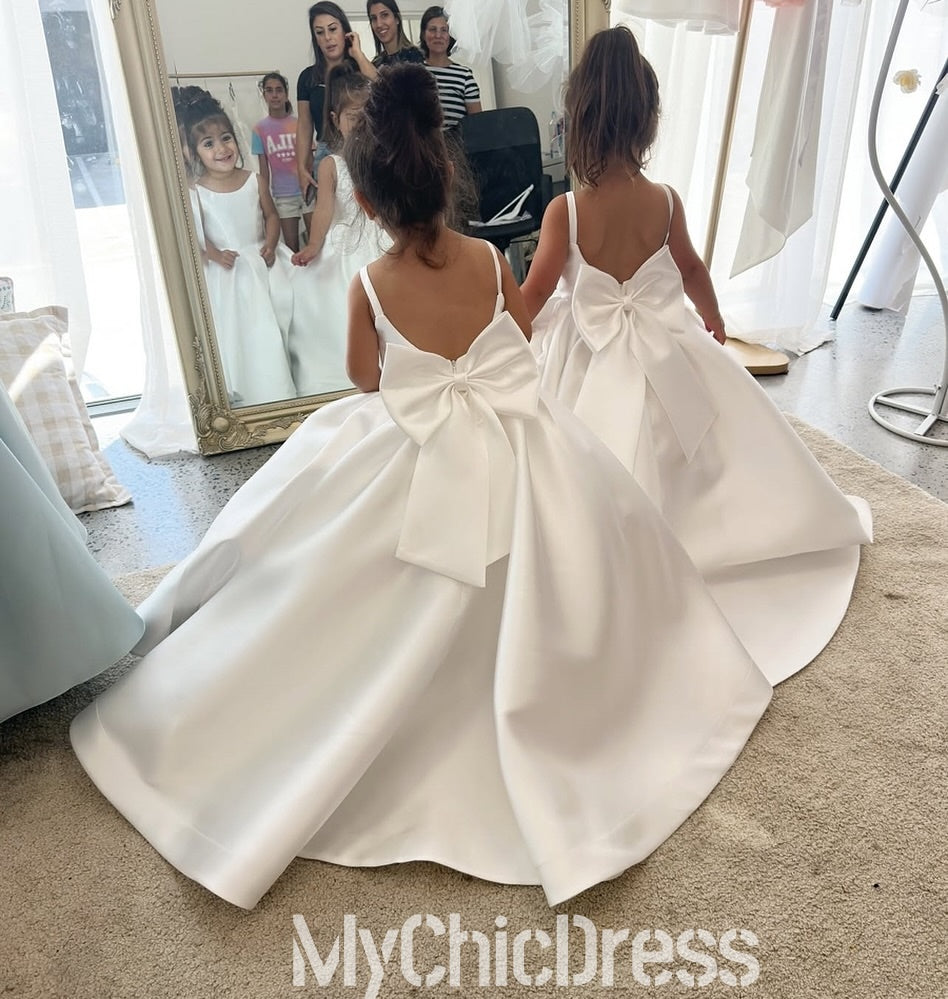 Cute Satin Flower Girl Dresses Straps Sleeveless with BowKnot Mychicdress