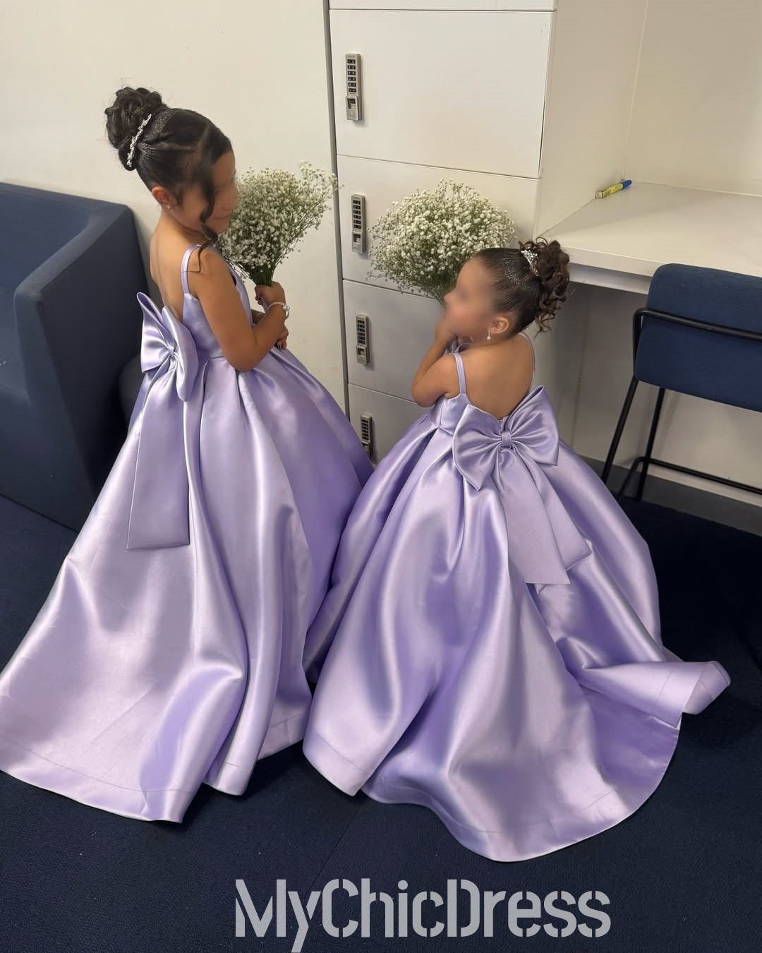 Cute Satin purple Flower Girl Dresses Straps Sleeveless with BowKnot Mychicdress