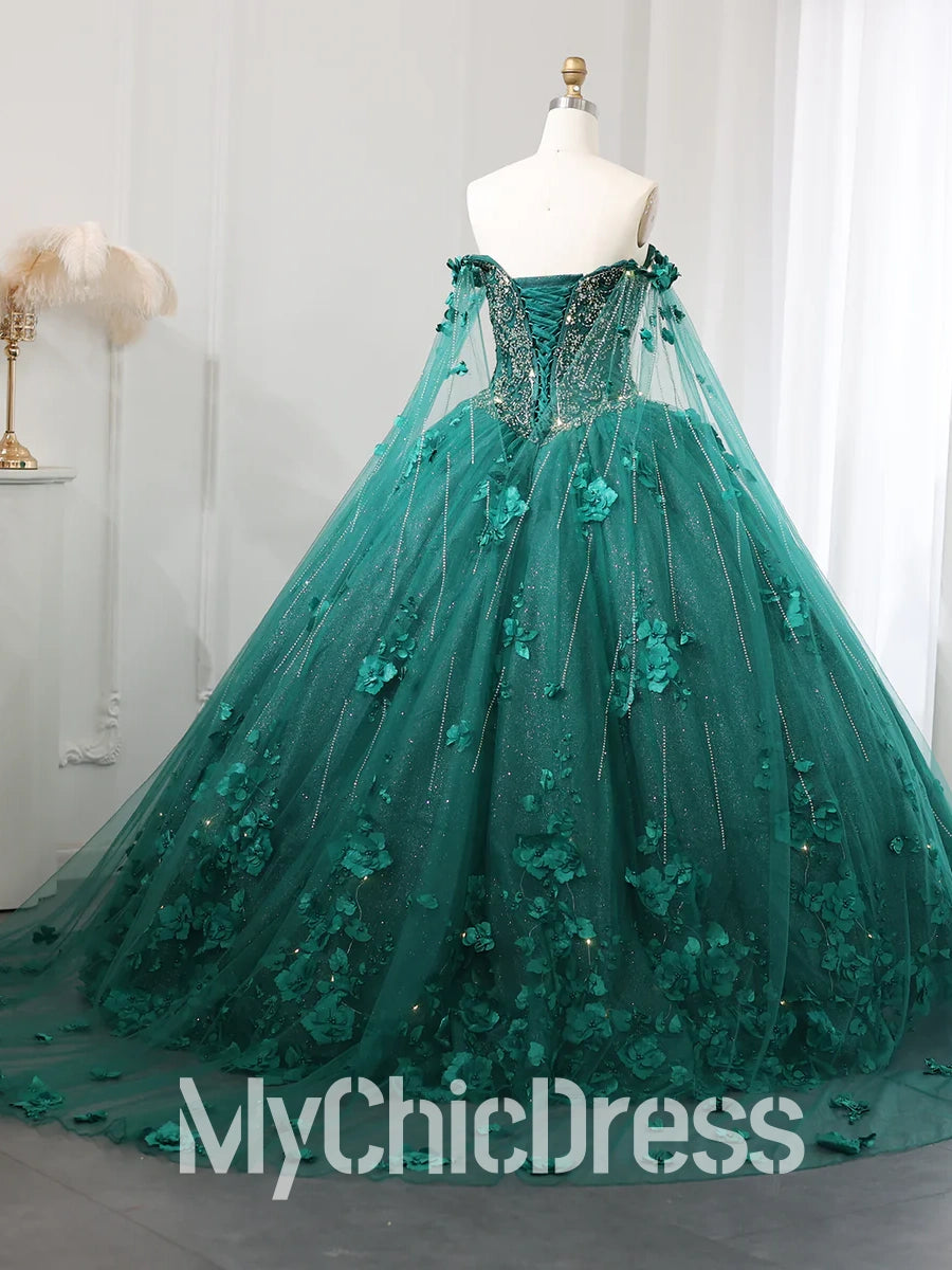 Dark Green Ball Gown Quinceanera Dress 3D Flowers Off-the-Shoulder with Cape