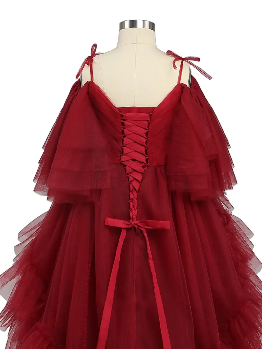 Dark Red Tulle Flower Girls Dress for Wedding Party Girl PhotoShoot Dress