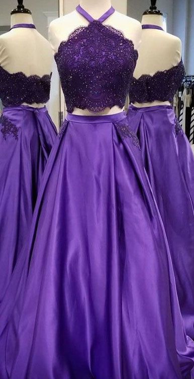 Purple 2 Piece Lace Prom Dress Halter Long Evening Gowns With Pockets - MyChicDress