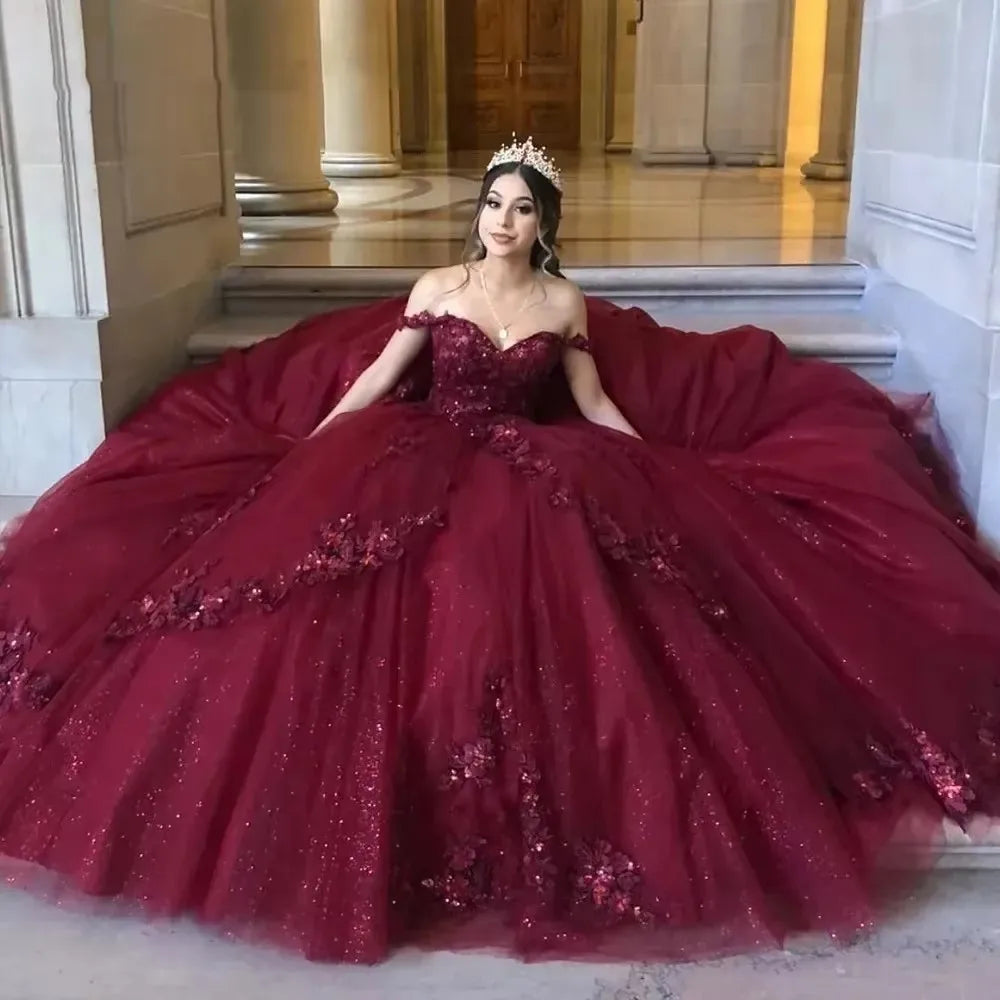 Princess Lace Dark Burgundy Quince Dresses Beading Sweetheart