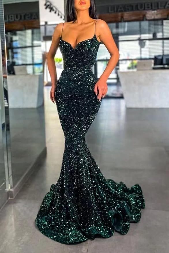 Mermaid Sequin Prom Dress green V Neck Formal Gown Spaghetti Strap