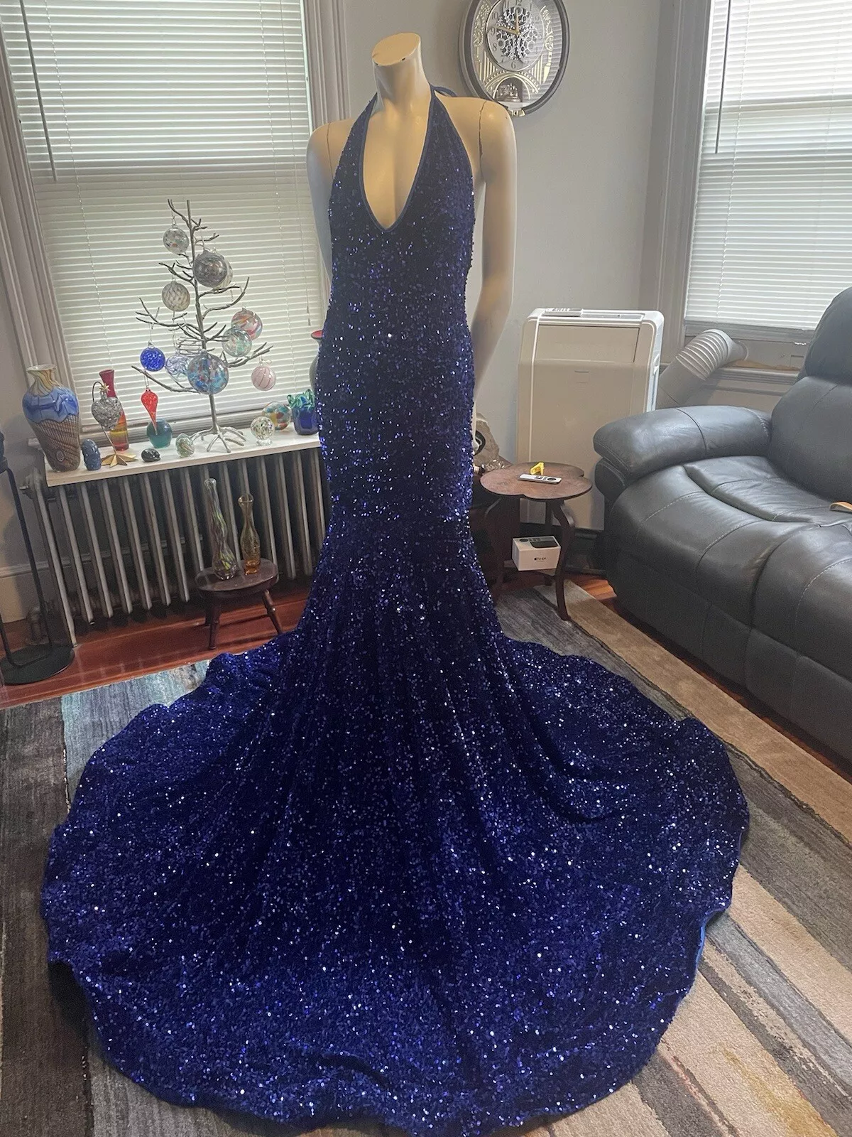 Deep V Neck Iridescent Sequin Prom Dress Royal Blue Mermaid Mychicdress
