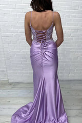 Deep V-Neck Purple Prom Dress Appliques Sleeveless Spaghetti Straps