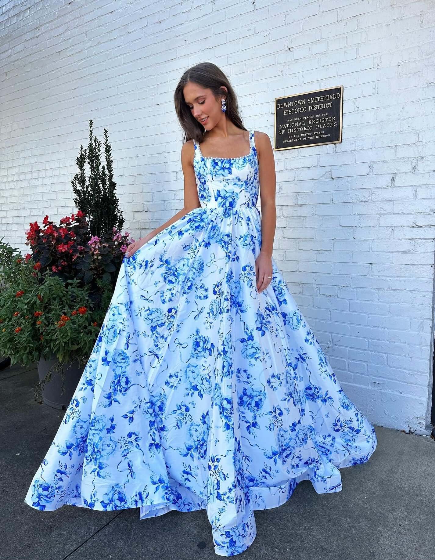 Discount Floral Print Blue Prom Dress Near Me Long Evening Gowns Mychicdress