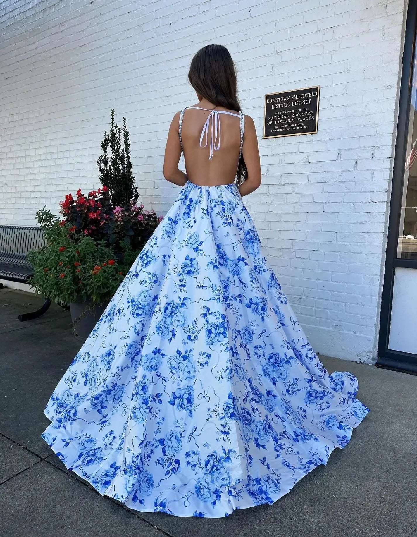 Discount Floral Print Blue Prom Dress Near Me Long Evening Gowns Mychicdress