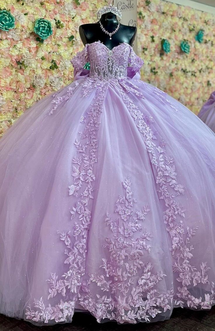 Discount Puffy Lavender Quinceanera Dresses Appliques Lace With Bow Mychicdress