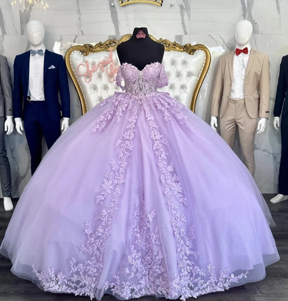 Discount Puffy Lavender Quinceanera Dresses Appliques Lace With Bow Mychicdress
