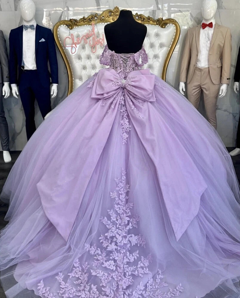 Discount Puffy Lavender Quinceanera Dresses Appliques Lace With Bow Mychicdress