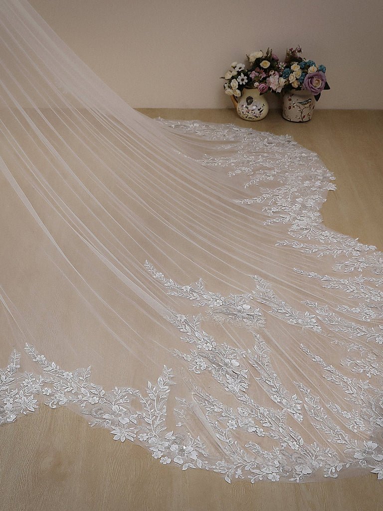 Elegant Floral Lace Sequins Cathedral Wedding Veil