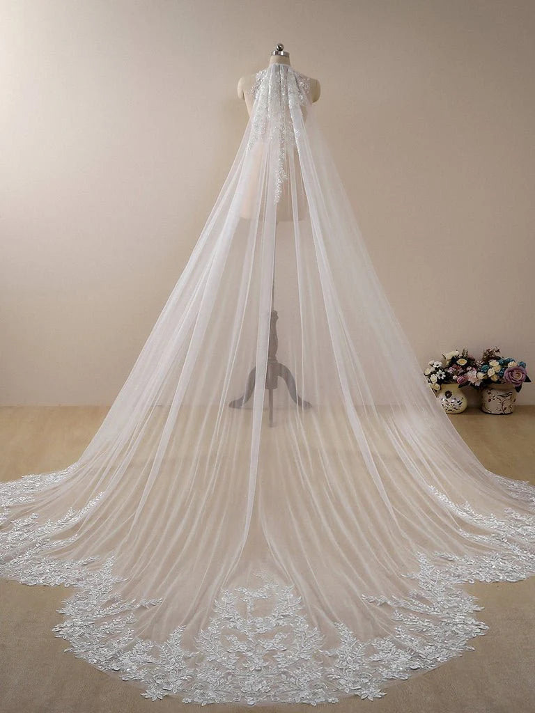 Elegant Floral Lace Sequins Cathedral Wedding Veil