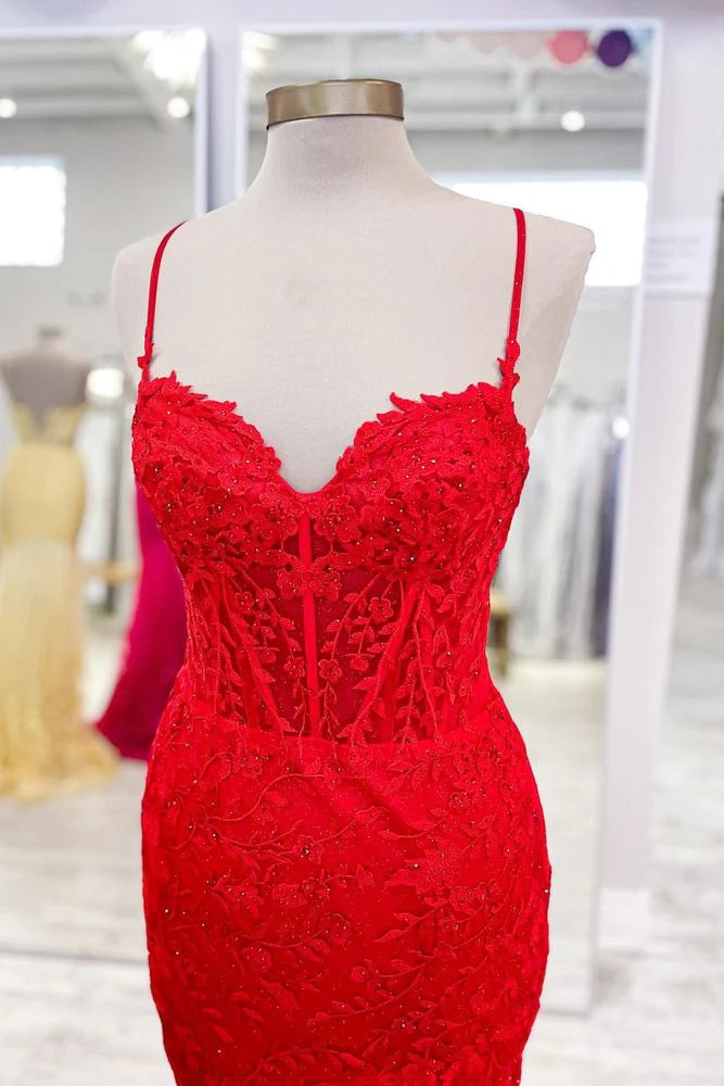 Elegant Lace prom Dress Long Mermaid Applique Straps