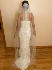 Elegant Long Tulle Wedding Veil with Pearls