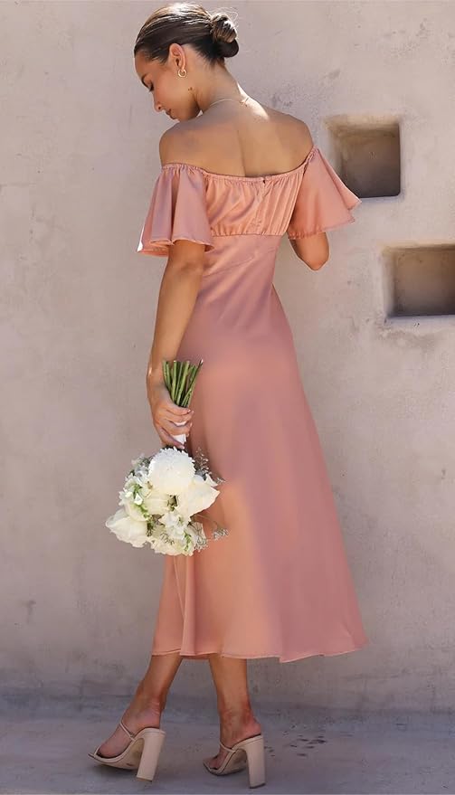 Elegant Satin Off Shoulder Midi Formal Wedding Guest Dress Mychicdress