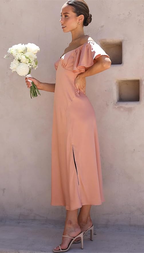 Elegant Satin Off Shoulder Midi Formal Wedding Guest Dress Mychicdress