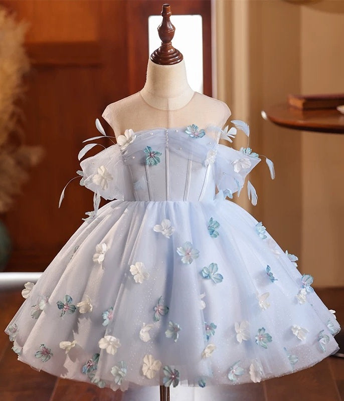 Fairy Blue Flower Girl Wedding Dress off Shoulder Princess Pageant Dress Mychicdress
