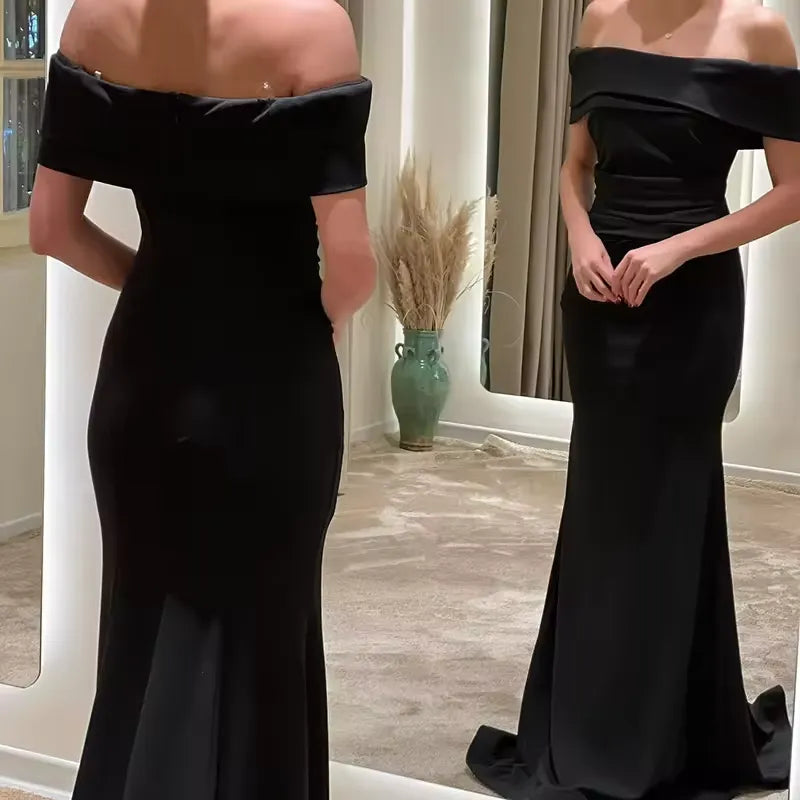 Floor Length Black Satin Evening Dress Off The Shoulder Mermaid Mychicdress