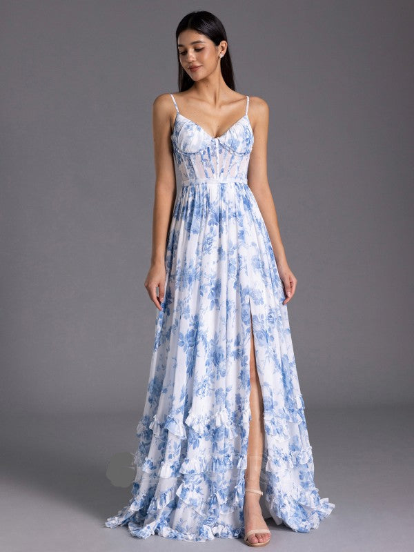 Floor Length Floral Blue Bridesmaid Dress Corset with Ruffles Mychicdress