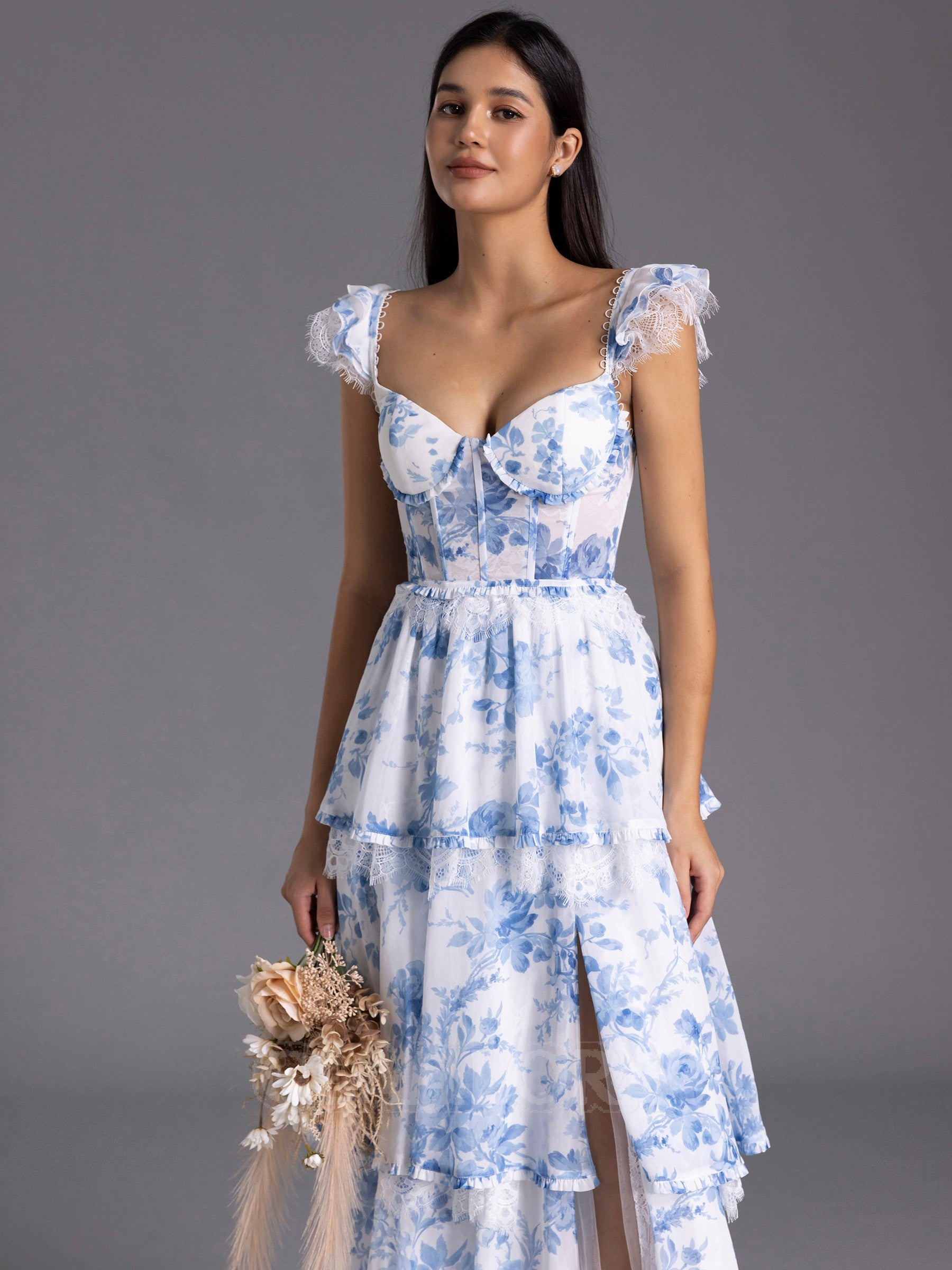 Floor-Length Floral Formal Guest Dress Blue Corset Bridesmaid Dress Mychicdress