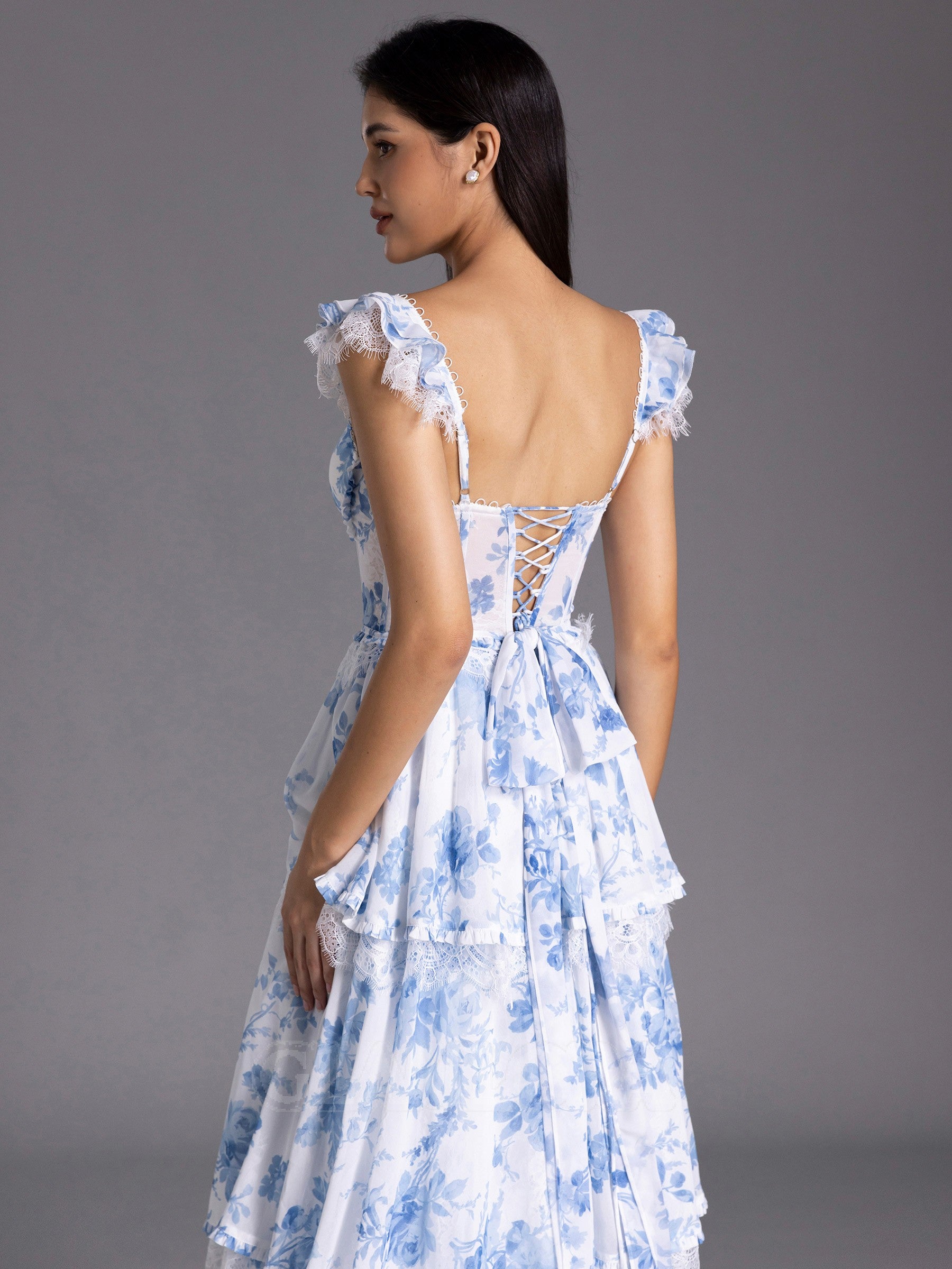 Floor-Length Floral Formal Guest Dress Blue Corset Bridesmaid Dress Mychicdress