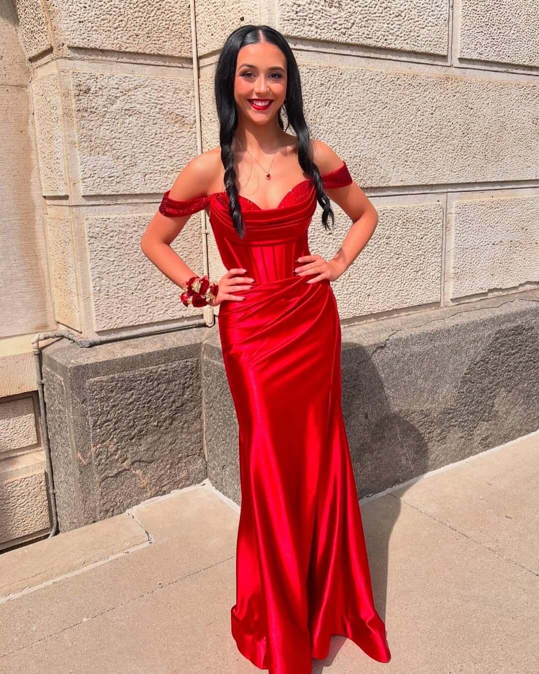 Floor Length Red Corset Prom Dress Satin Sequin Off-Shoulder