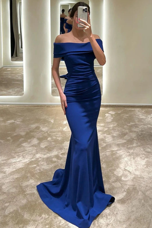 Floor Length blue Satin Evening Dress Off The Shoulder Mermaid Mychicdress