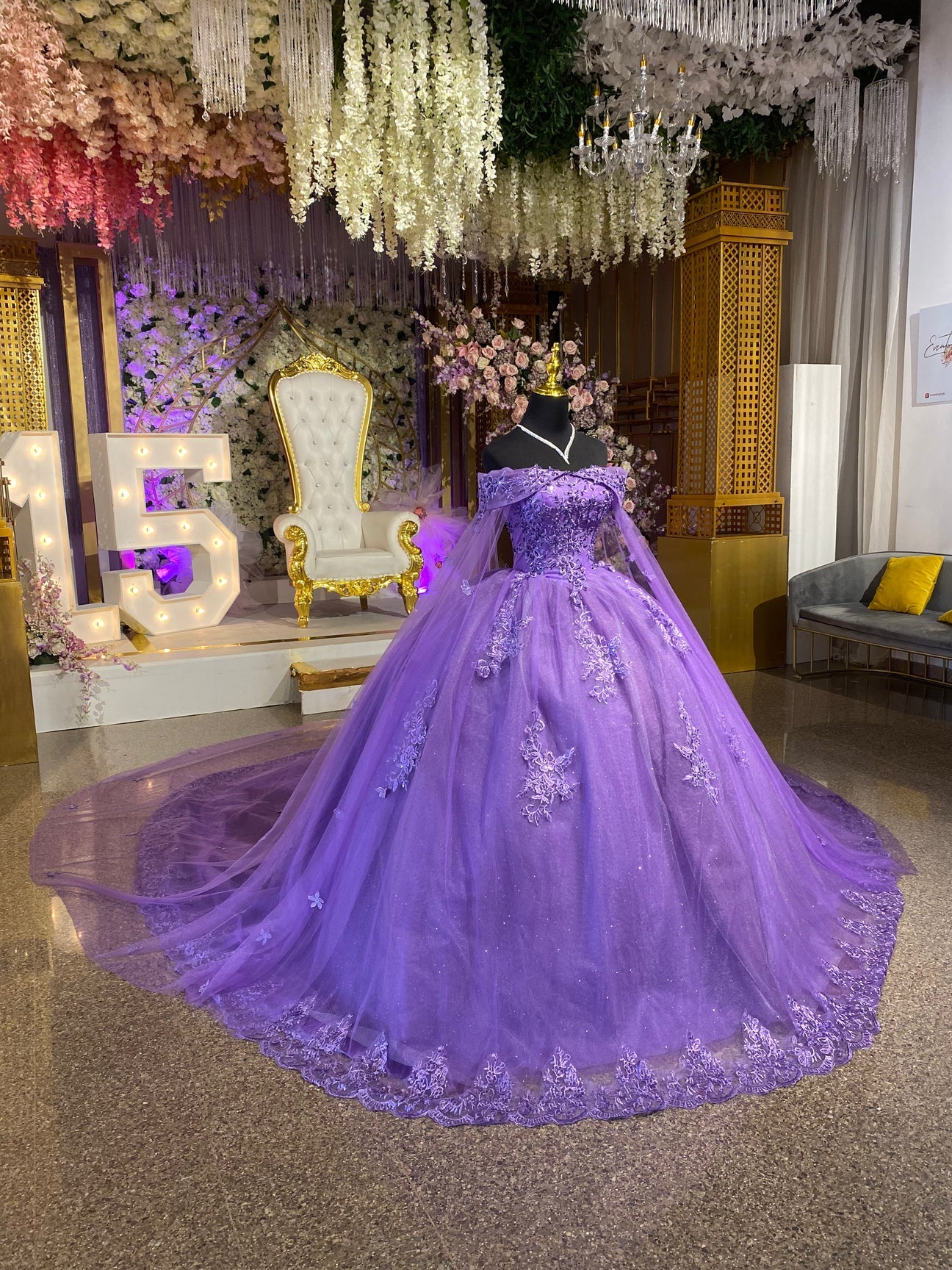 Floral Purple Quinceanrea Dresses Beaded Sweetheart With Cape