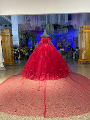 Floral red Quinceanrea Dresses Beaded Sweetheart Wedding Gown With Cape