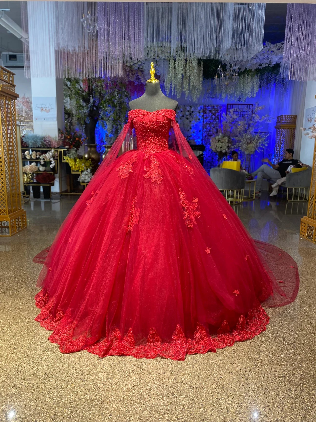 Floral red Quinceanrea Dresses Beaded Sweetheart With Cape