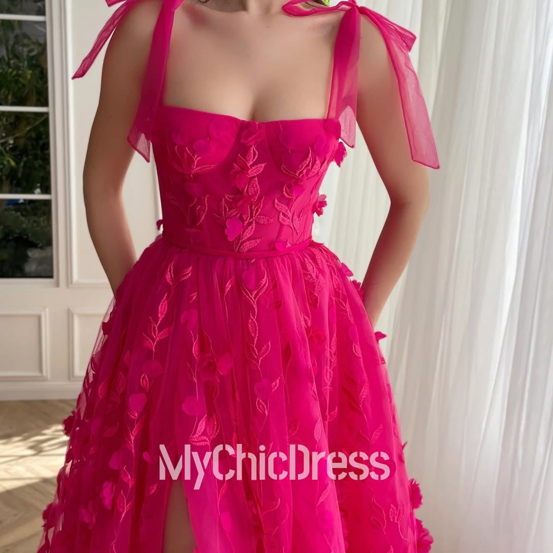 Fuchsia Floral Prom Dress A-line High Split Summer Dress
