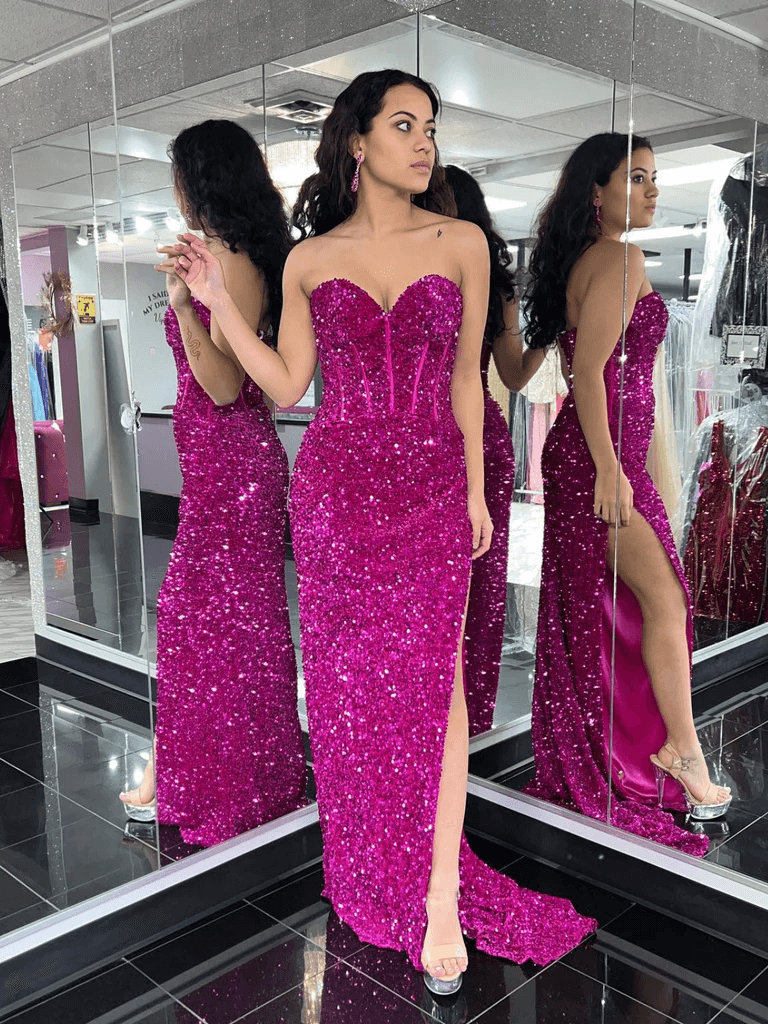 Strapless SequinsFuchsia Prom Dress Mermaid Long Formal Gown