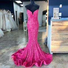 Iridescent Sequins fuchsia Prom Dress V Neck Mermaid Evening Dress