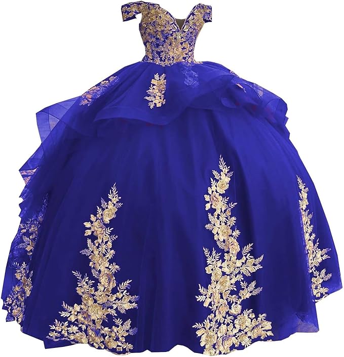Girls blue Gold Mexican Quinceanera Dresses 3D Flower Pattern Ball Gowns Mychicdress