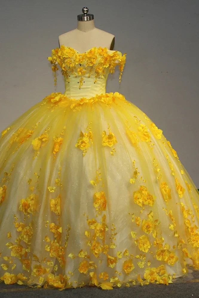 Girls Yellow Quinceanera Dress with Flowers for sale Off the Shoulder Mychicdress