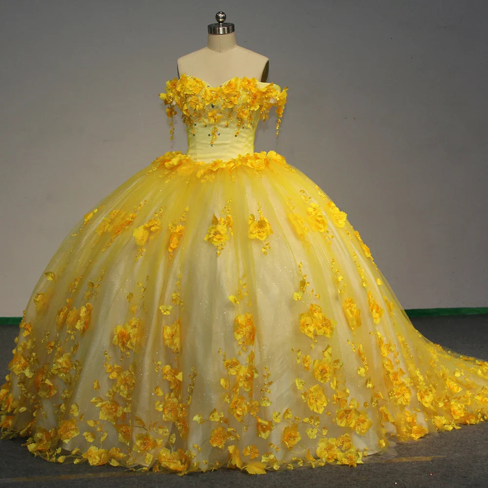 Girls Yellow Quinceanera Dress with Flowers for sale Off the Shoulder Mychicdress
