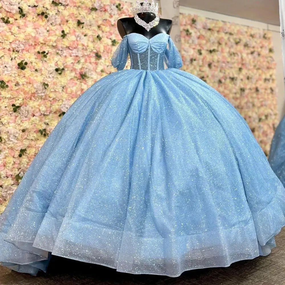 Glitter Ball Gown Blue Quince Dresses for Sweet 15 Off Shoulder