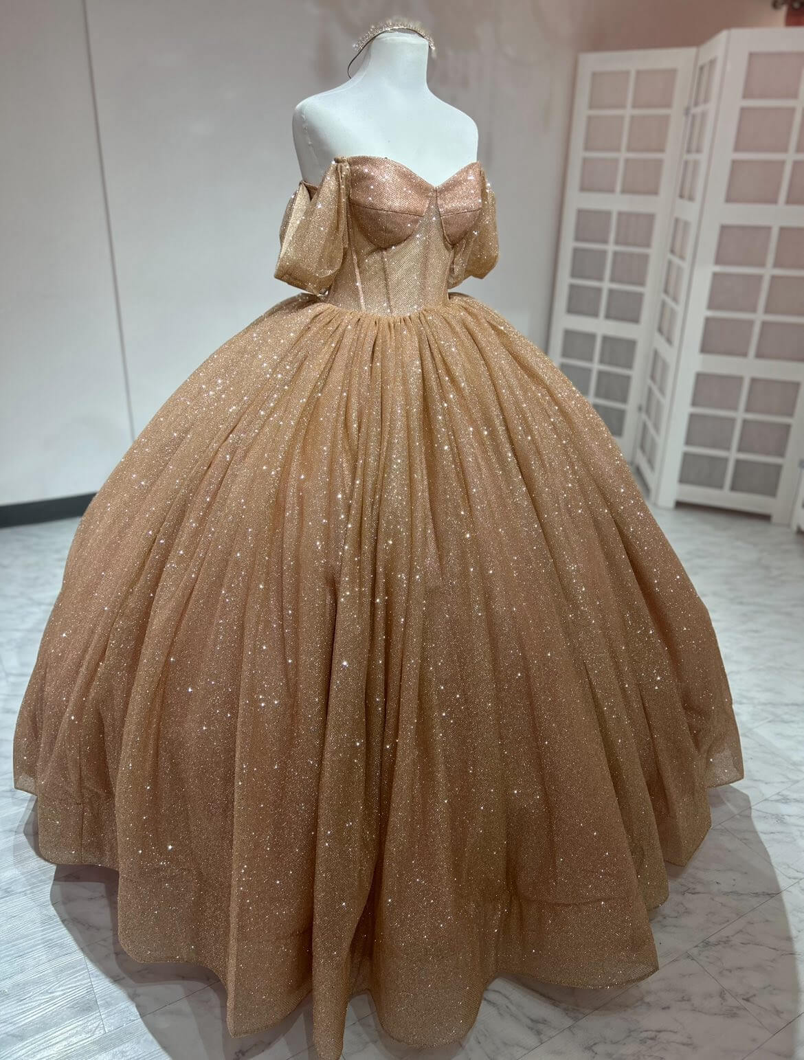 Glitter Ball Gown Gold Quince Dresses for Sweet 15 Off Shoulder