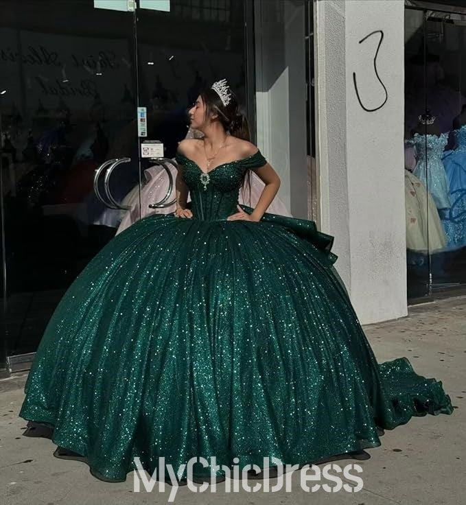 Glitter Emerald Green Off Shoulder Quinceanera Dresses Ball Gown Mychicdress